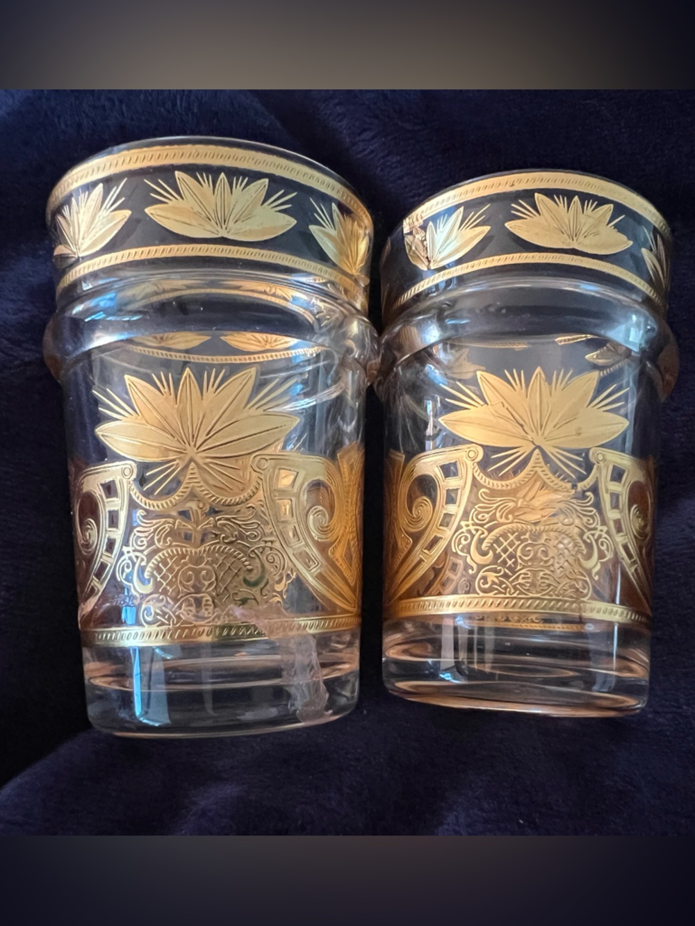 vintage decorative tea glasses with gilded Chinoiserie or floral design
Set of 2